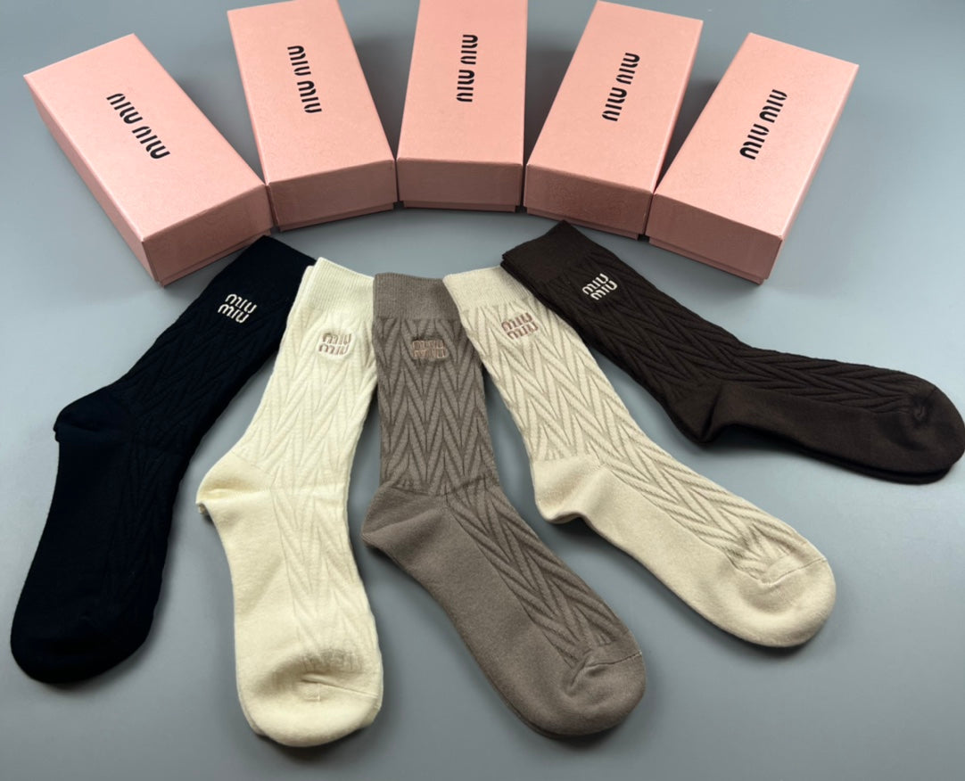 Miu Miu Earthy Navy Cream Tall Ribbed Wordmarks Crew Socks, image 2