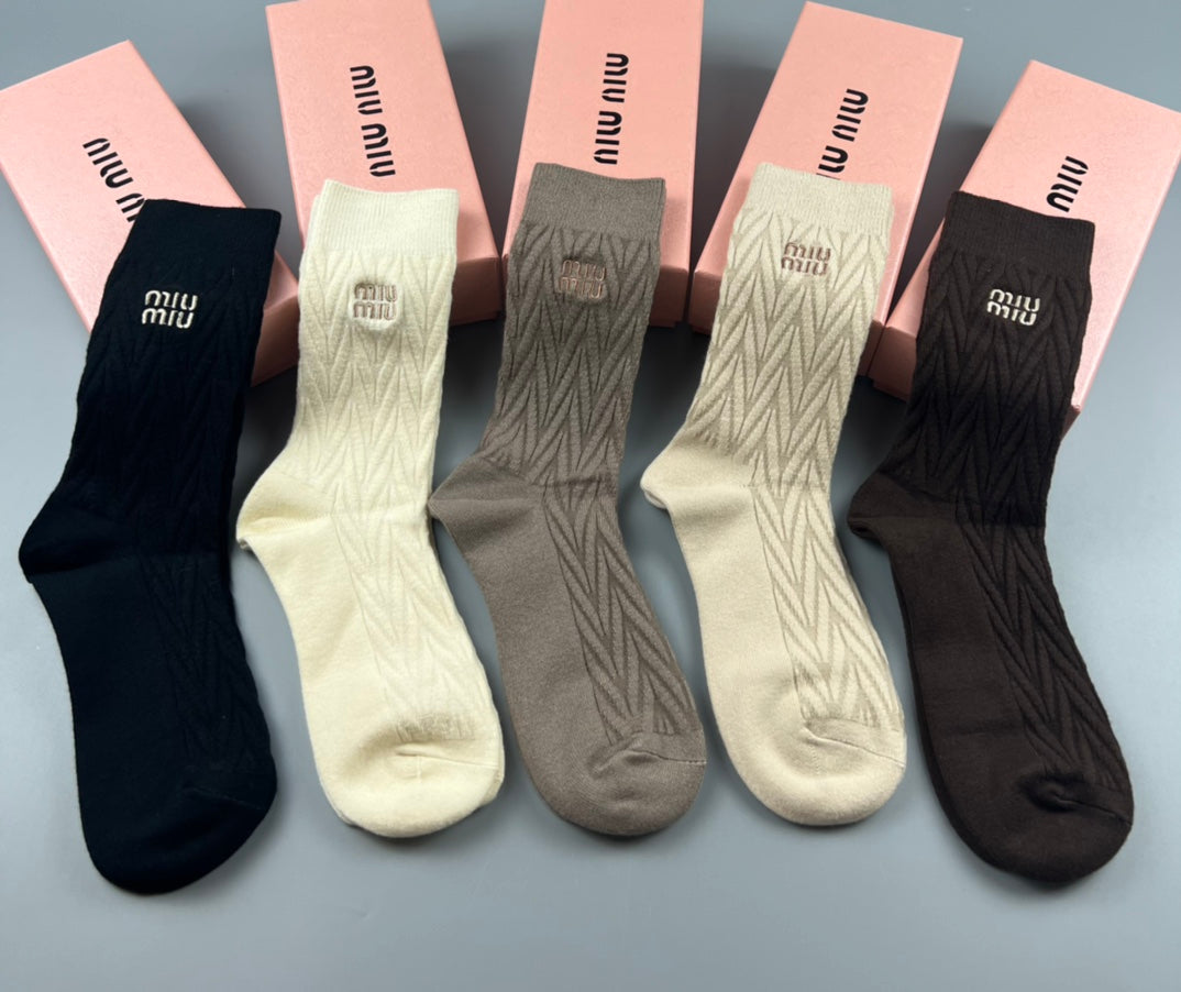 Miu Miu Earthy Navy Cream Tall Ribbed Wordmarks Crew Socks, image 3