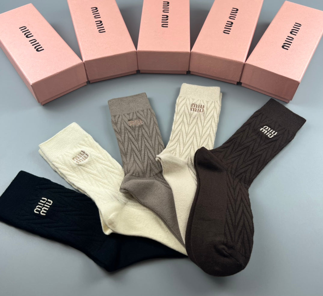 Miu Miu Earthy Navy Cream Tall Ribbed Wordmarks Crew Socks, image 8