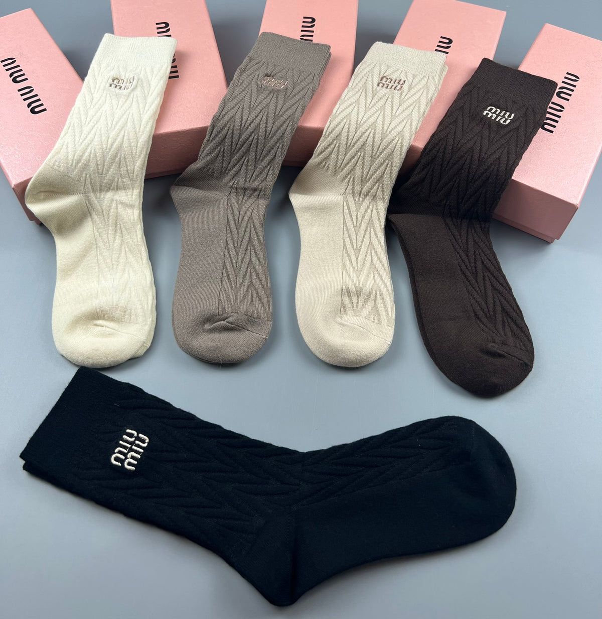 Miu Miu Earthy Navy Cream Tall Ribbed Wordmarks Crew Socks, image 5