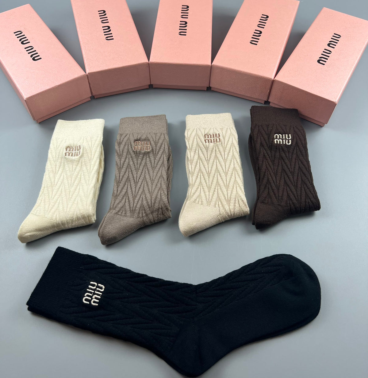 Miu Miu Earthy Navy Cream Tall Ribbed Wordmarks Crew Socks, image 7