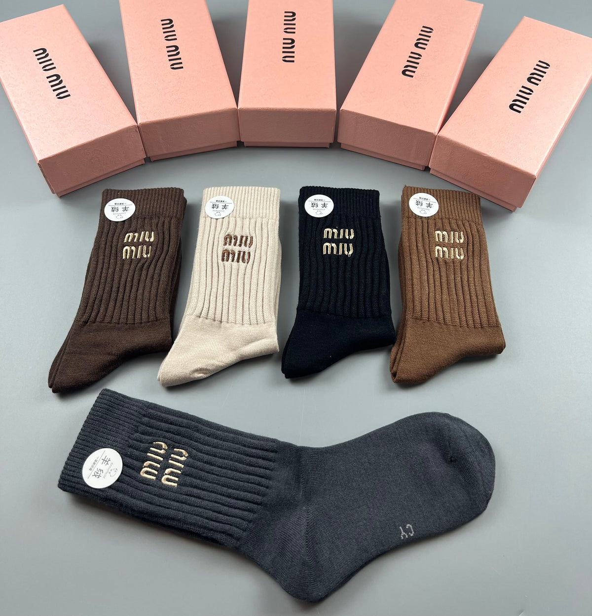 Miu Miu Earthy Navy Cream Circular Cuff Motifs Crew Socks, image 2