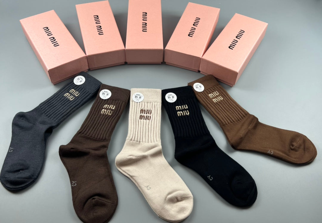 Miu Miu Earthy Navy Cream Circular Cuff Motifs Crew Socks, image 6