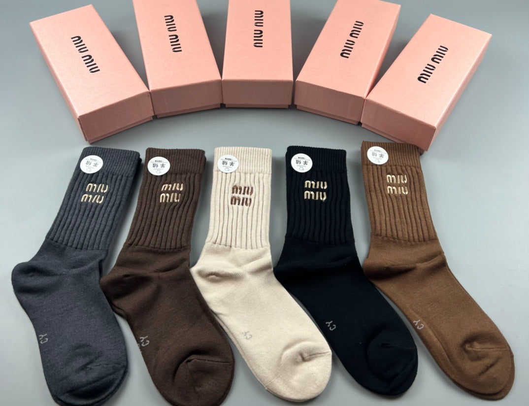 Miu Miu Earthy Navy Cream Circular Cuff Motifs Crew Socks, image 5
