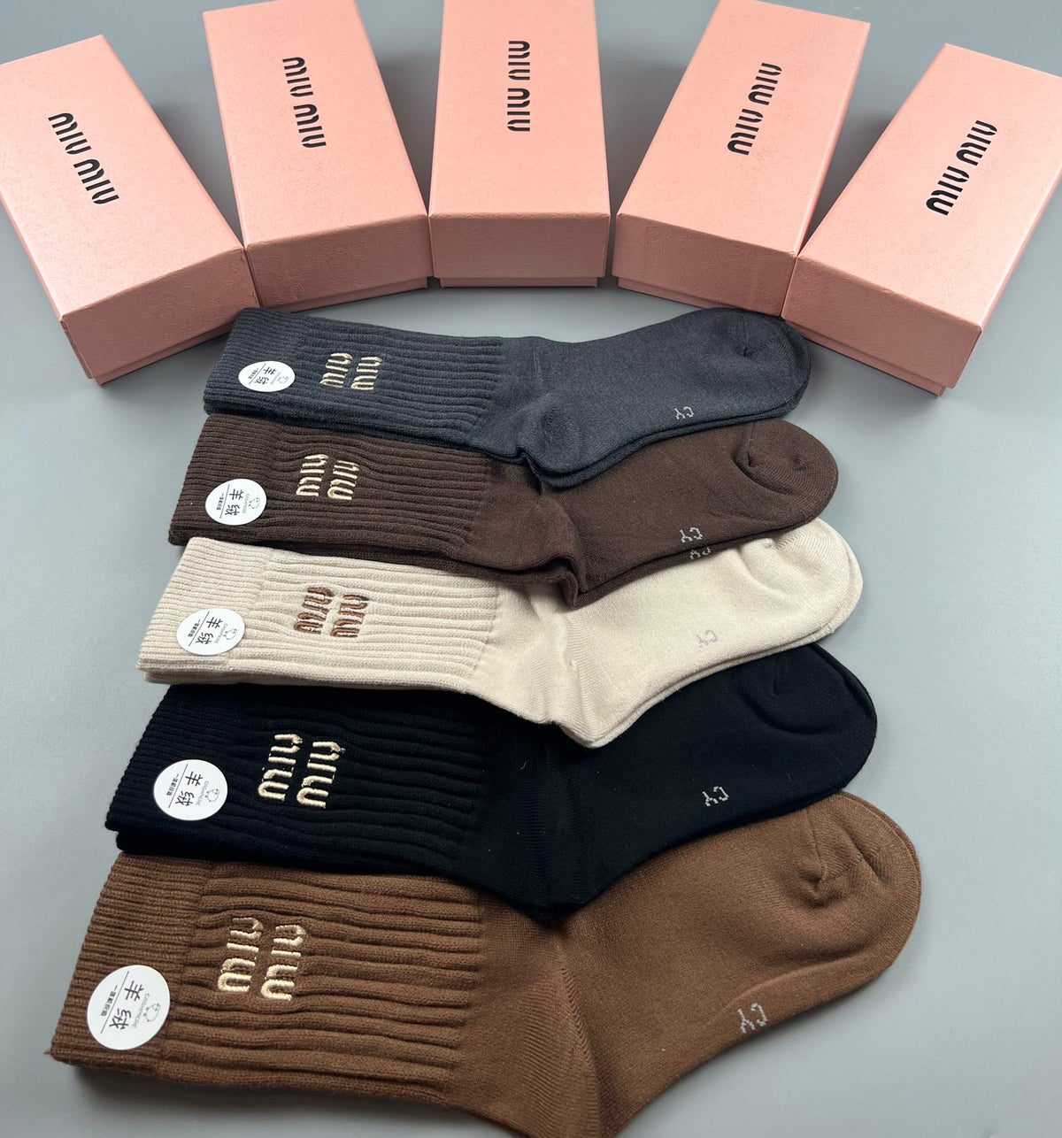 Miu Miu Earthy Navy Cream Circular Cuff Motifs Crew Socks, image 8