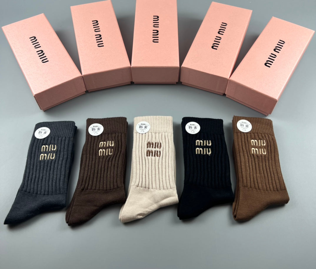 Miu Miu Earthy Navy Cream Circular Cuff Motifs Crew Socks, image 1