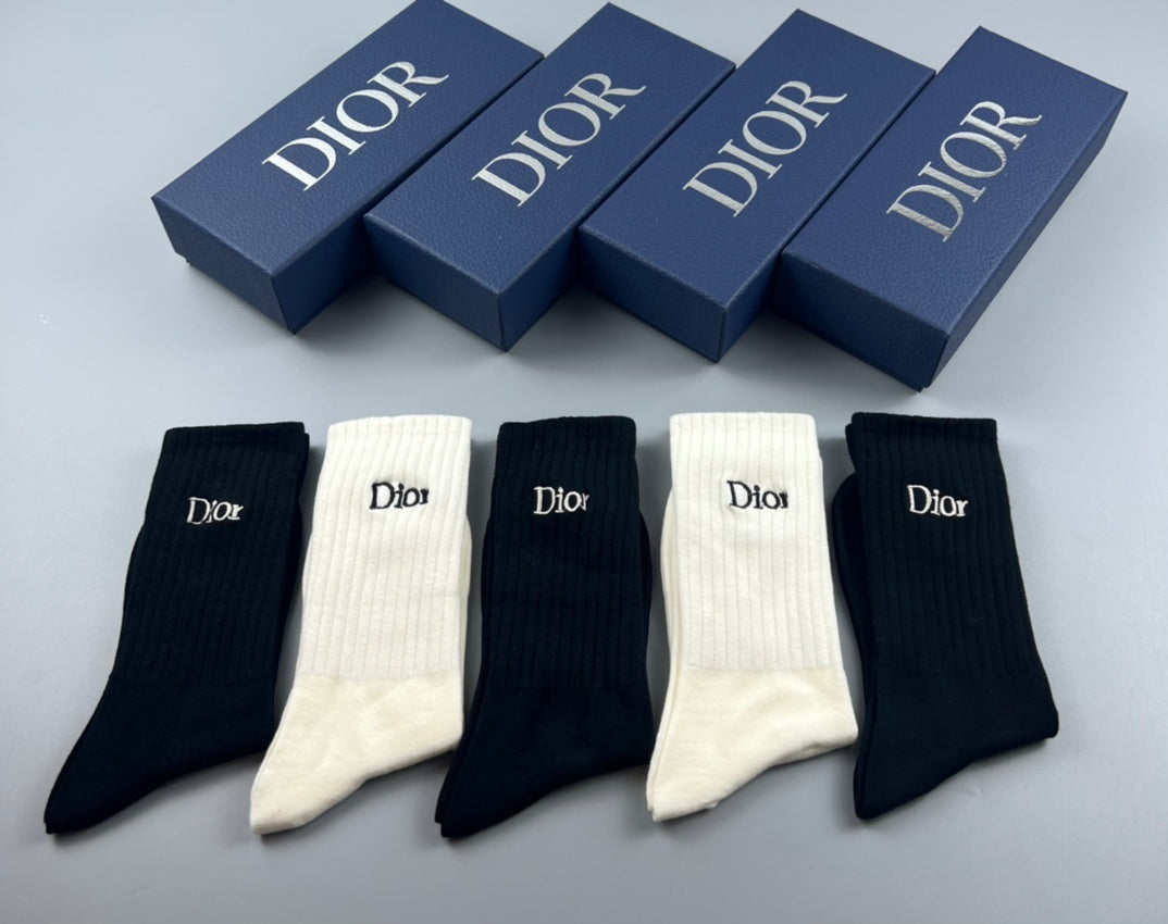 Dior Black Cream Navy Plain Cuffs Crew Socks, image 2