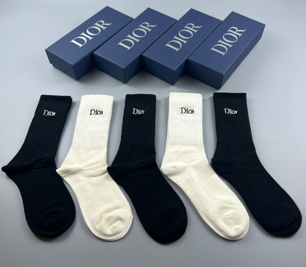 Dior Black Cream Navy Plain Cuffs Crew Socks, image 1