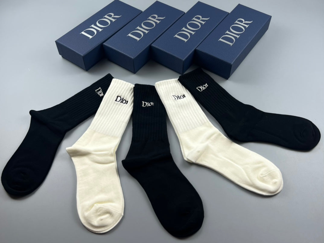 Dior Black Cream Navy Plain Cuffs Crew Socks, image 3