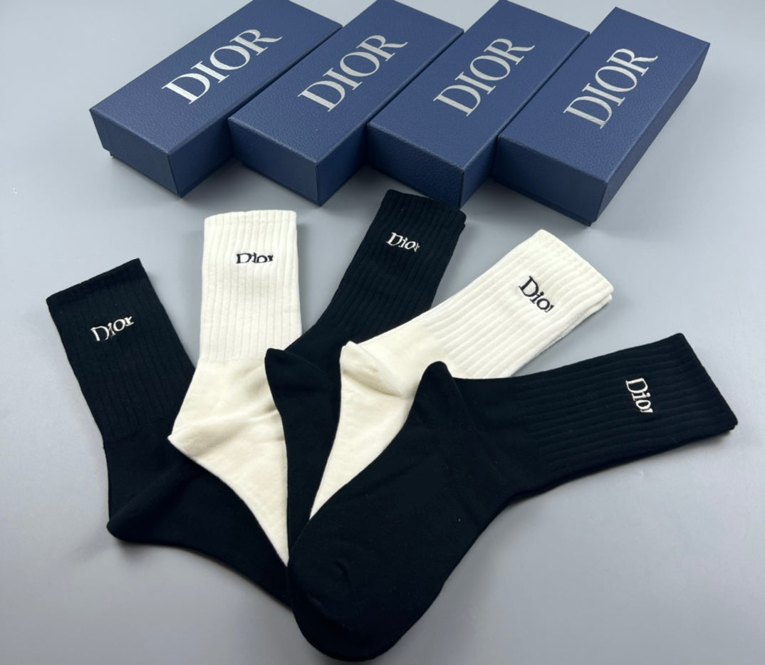 Dior Black Cream Navy Plain Cuffs Crew Socks, image 4