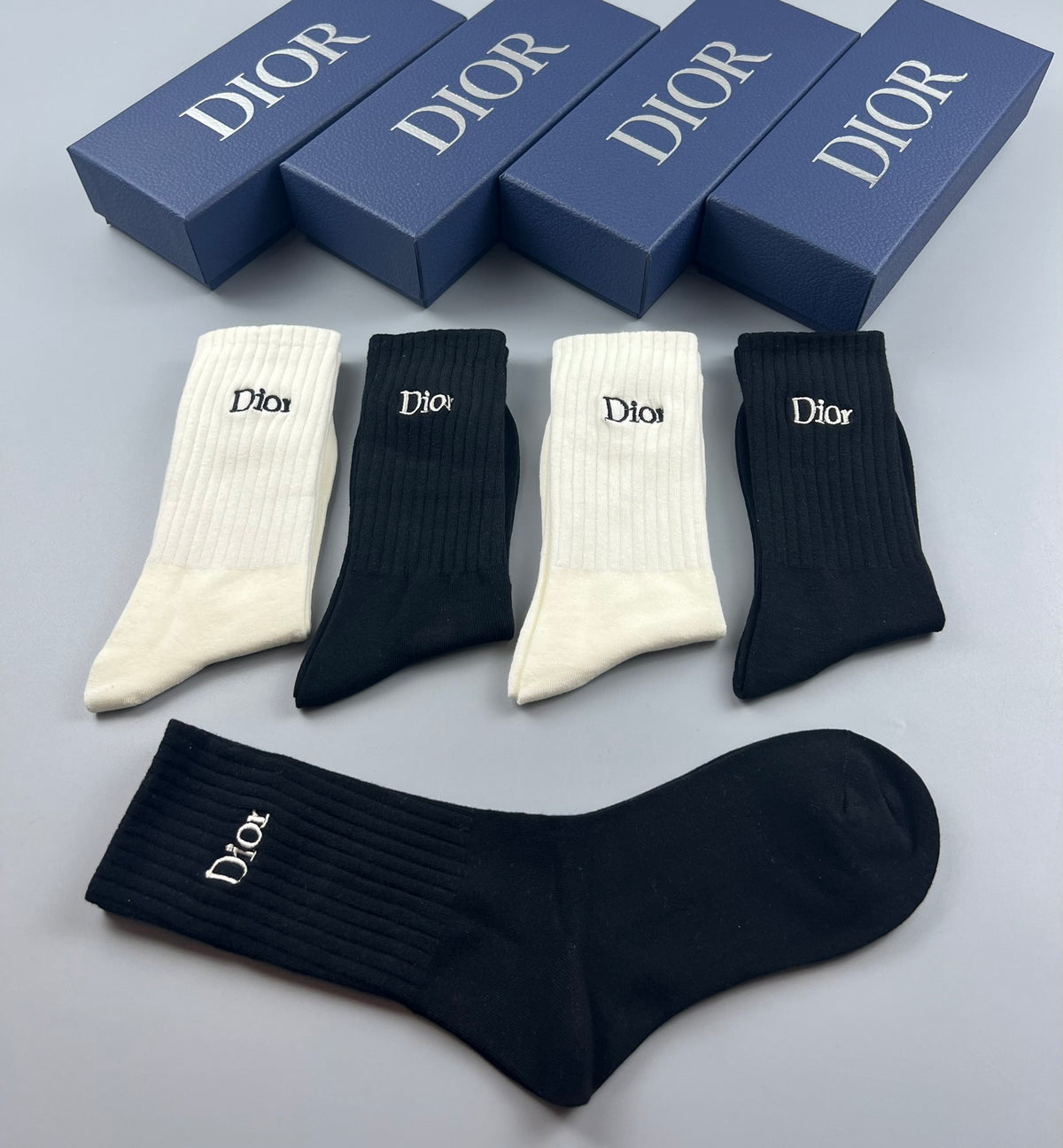 Dior Black Cream Navy Plain Cuffs Crew Socks, image 6