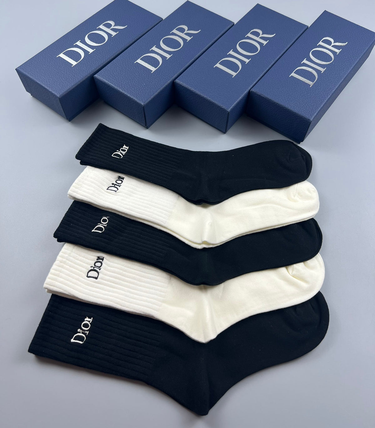 Dior Black Cream Navy Plain Cuffs Crew Socks, image 7
