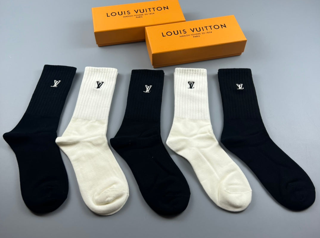 Louis Vuitton Black Cream Plain Monogram Cuffs Crew Socks, image 2
