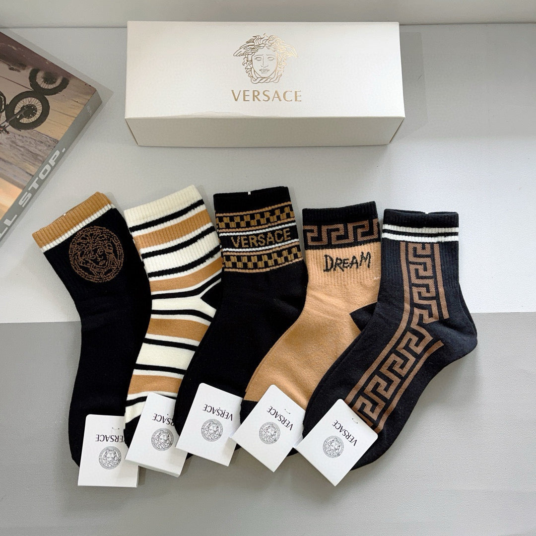 Versace Black Cream Gold Greek Key Stripes Crew Socks, image 1