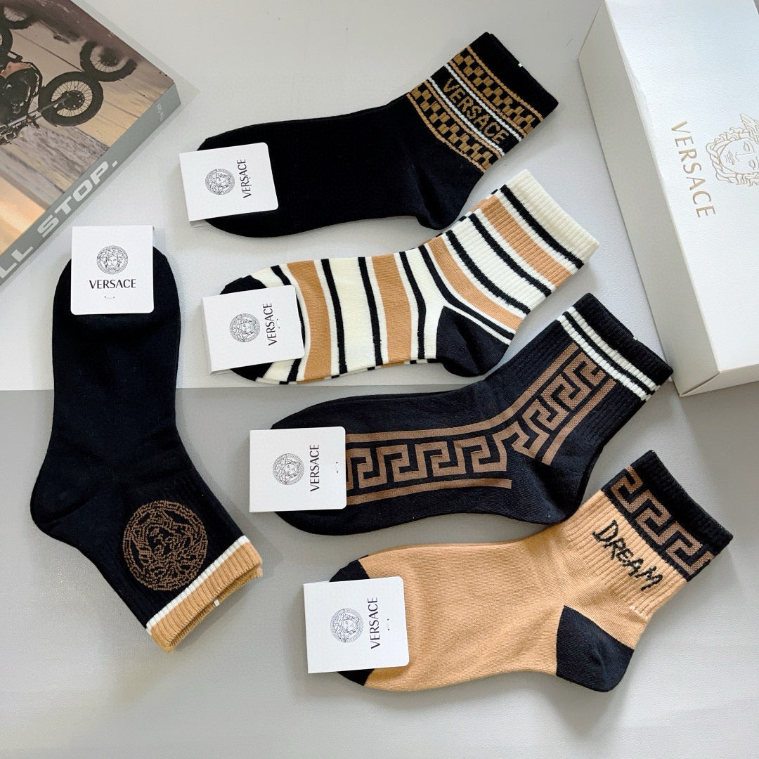 Versace Black Cream Gold Greek Key Stripes Crew Socks, image 7