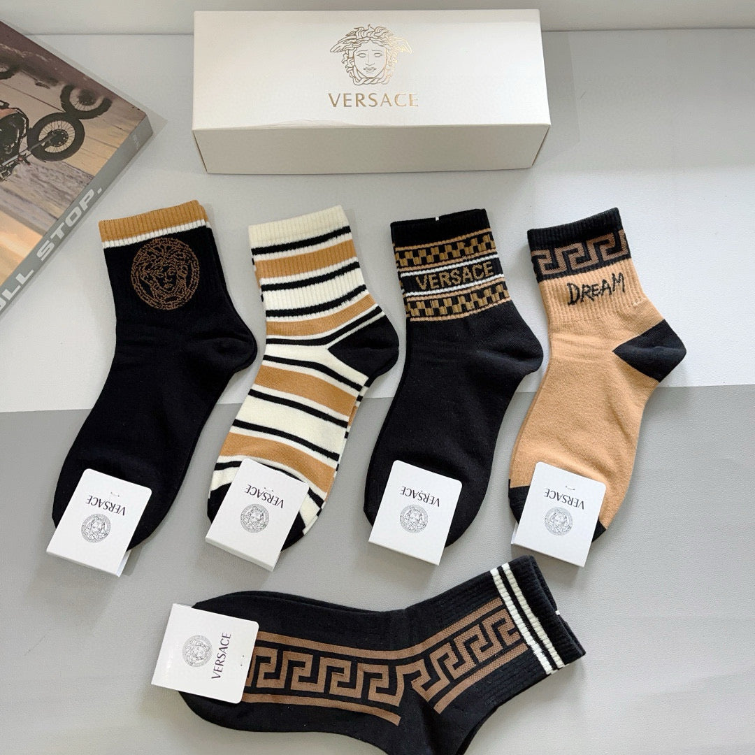 Versace Black Cream Gold Greek Key Stripes Crew Socks, image 5