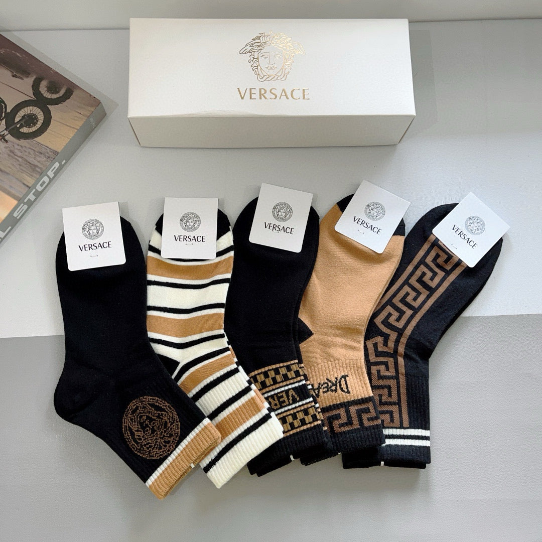 Versace Black Cream Gold Greek Key Stripes Crew Socks, image 4