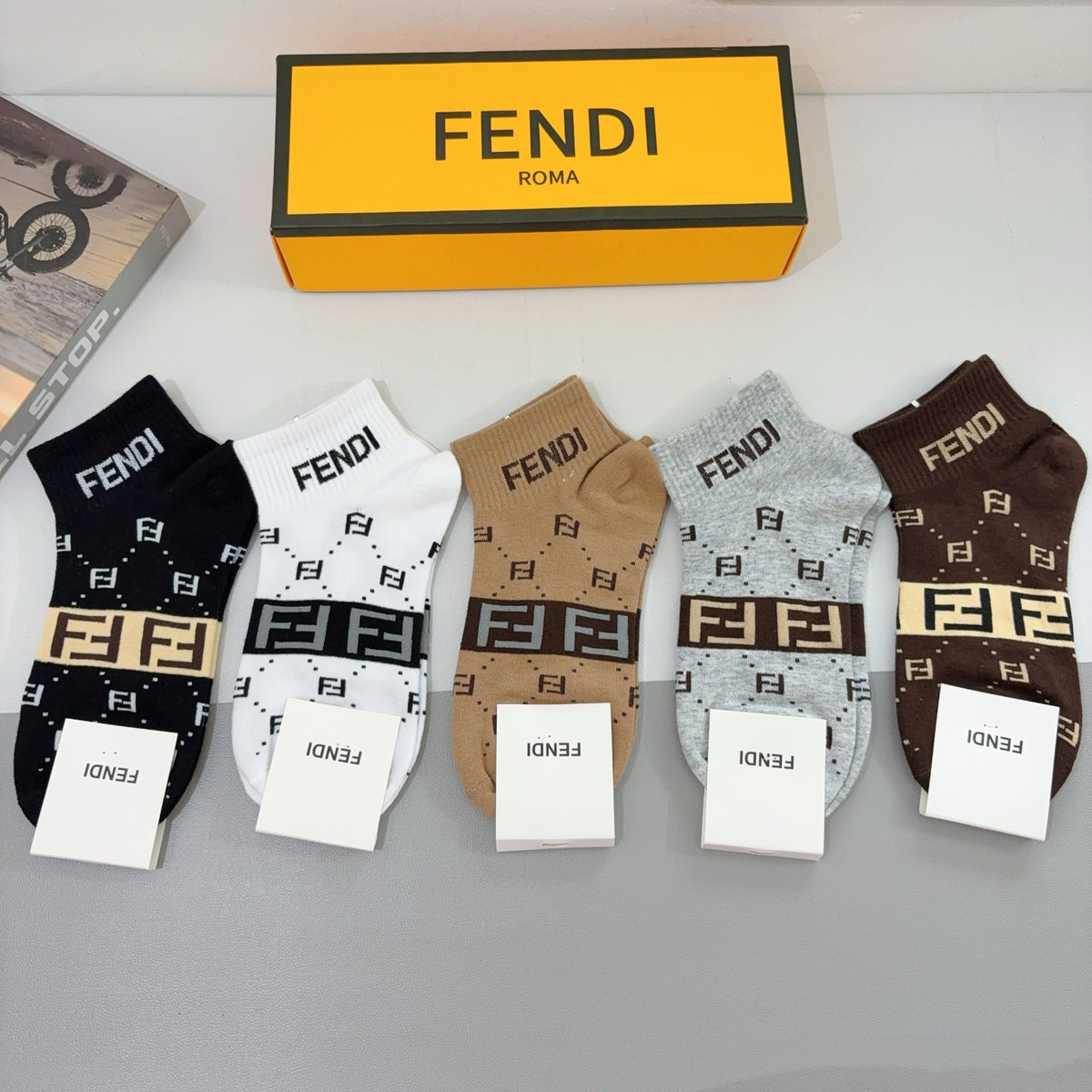 Fendi Black Cream Brown Broad Letter Bands Crew Socks, image 2