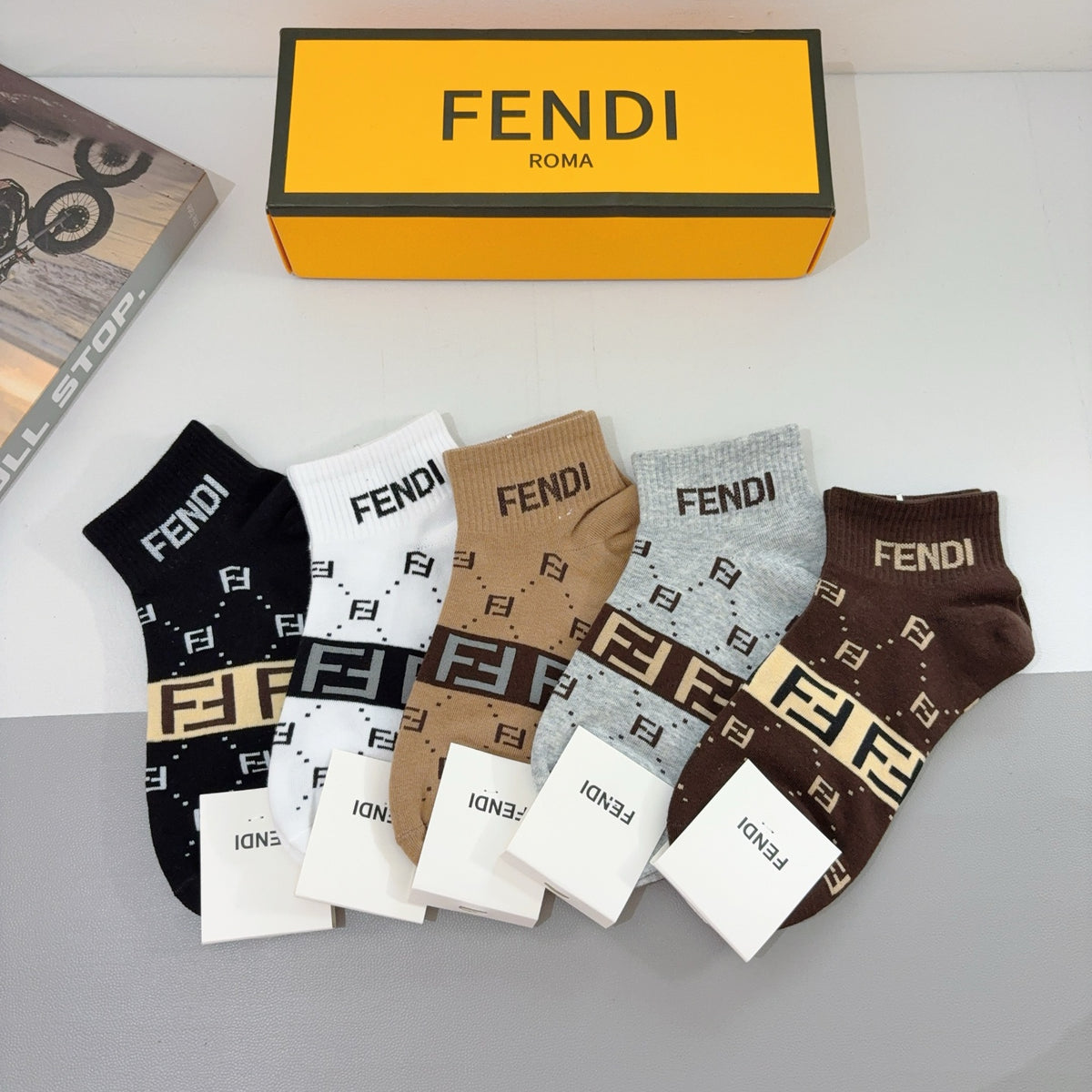 Fendi Black Cream Brown Broad Letter Bands Crew Socks, image 1