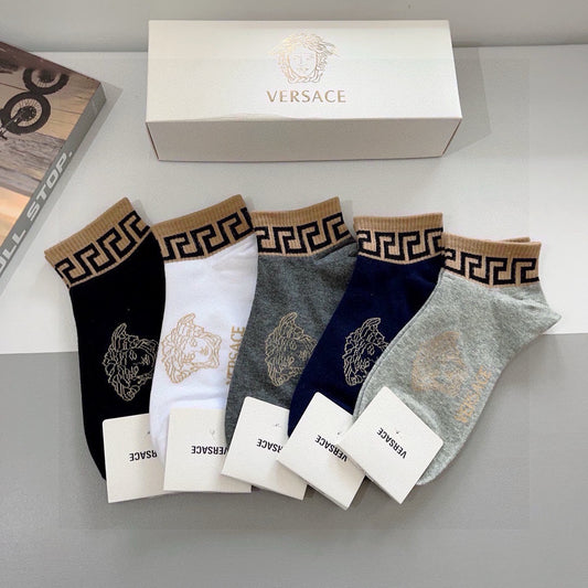Versace Grey White Navy Gold Key Cuffs Crew Socks, image 1