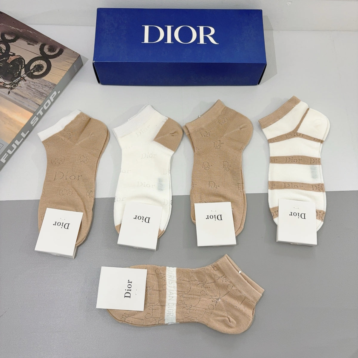 Dior Beige Brown White Broad Stripe Crew Socks, image 8