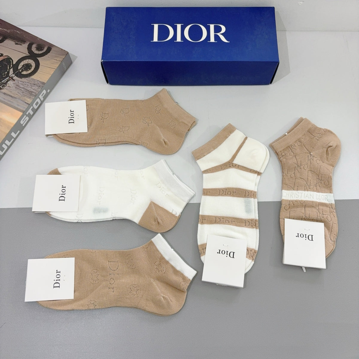 Dior Beige Brown White Broad Stripe Crew Socks, image 5