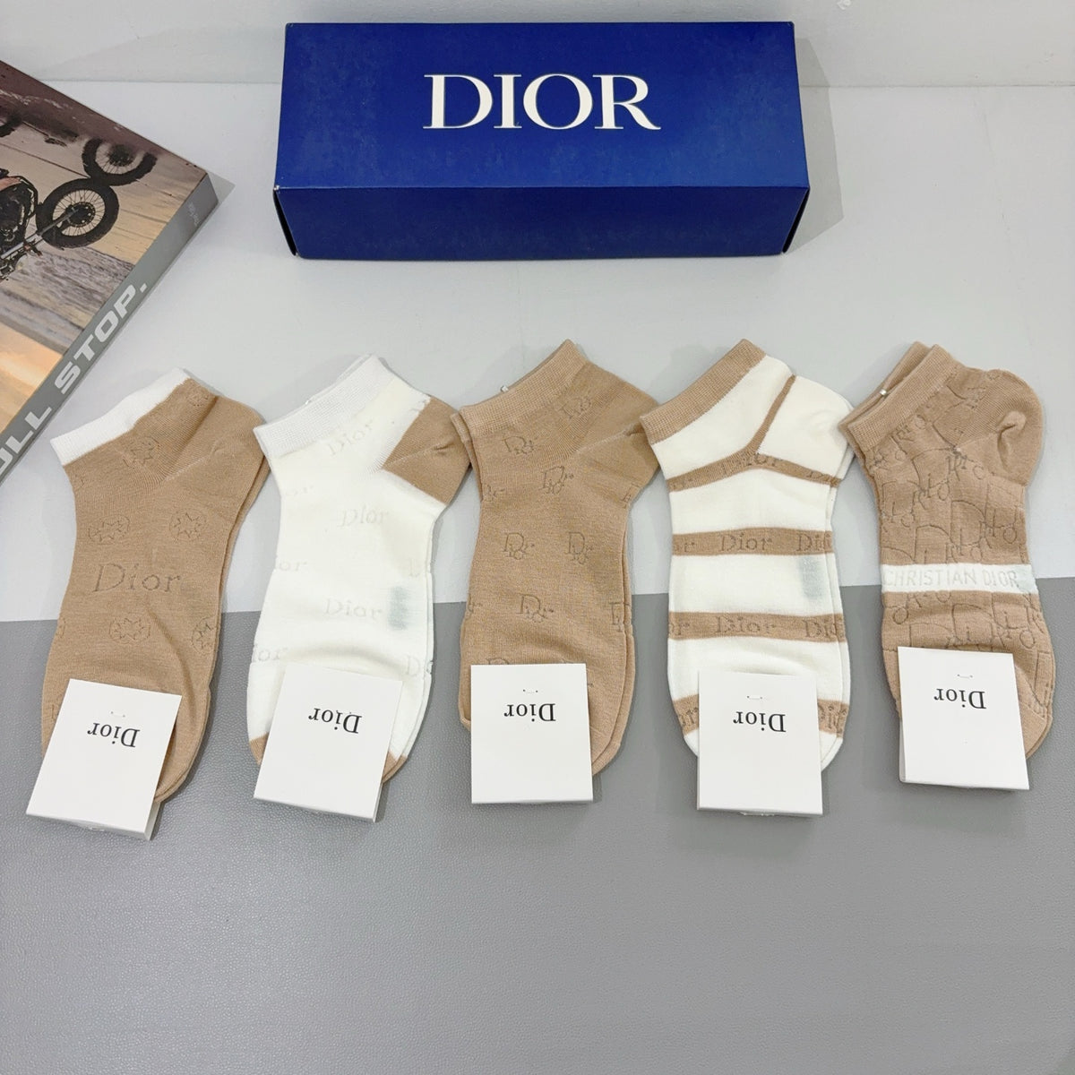 Dior Beige Brown White Broad Stripe Crew Socks, image 2