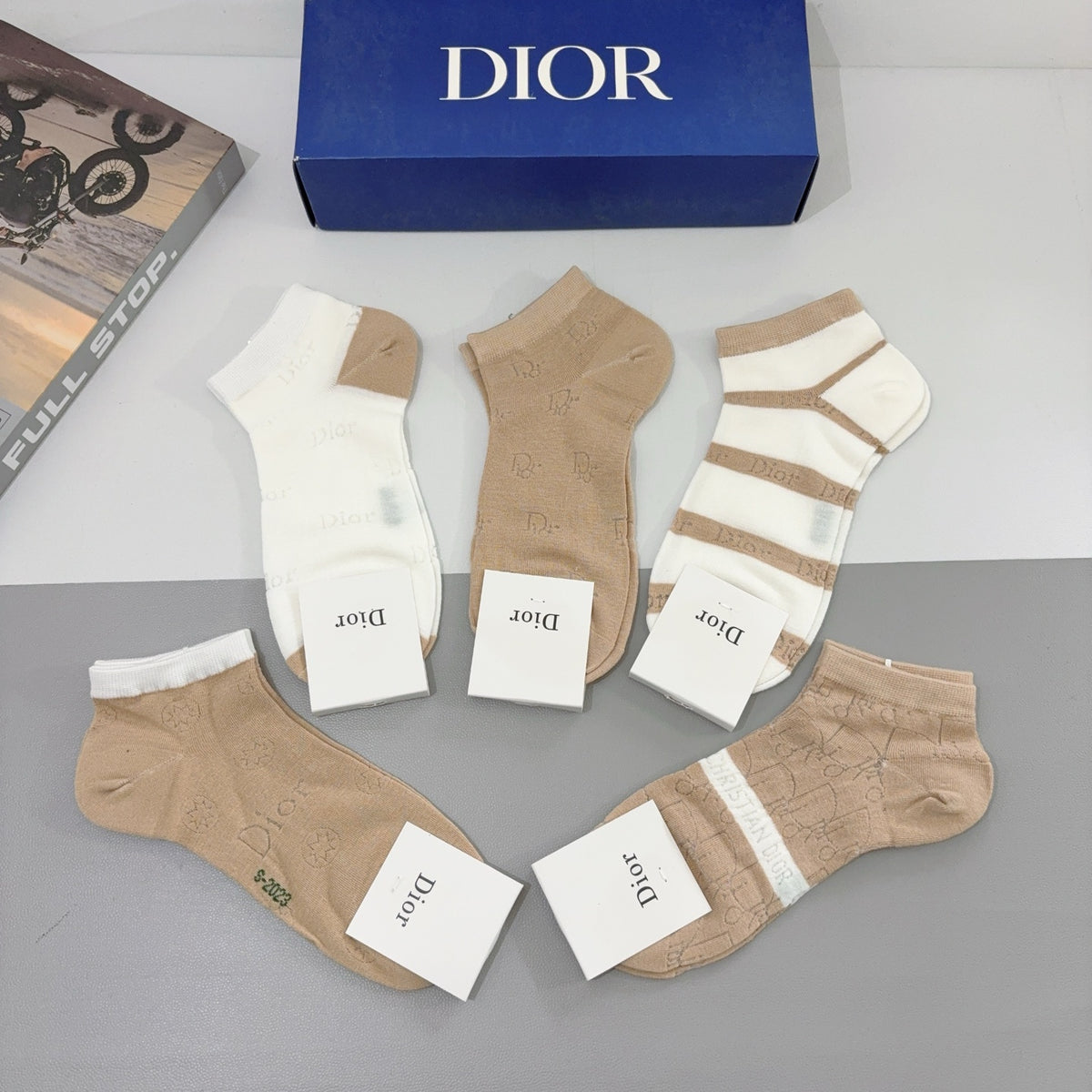 Dior Beige Brown White Broad Stripe Crew Socks, image 7