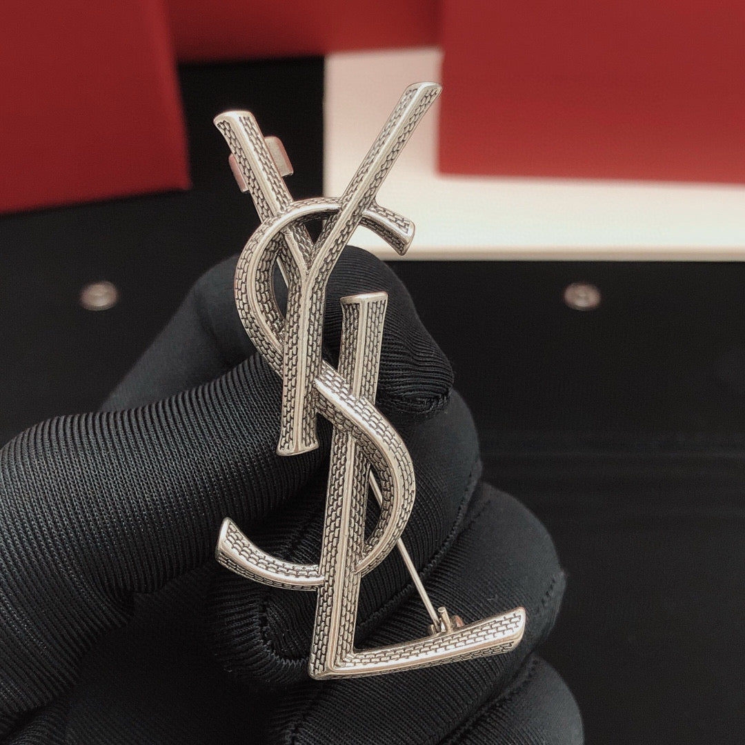 Saint Laurent Silver-Tone YSL Logo Brooch - image 1