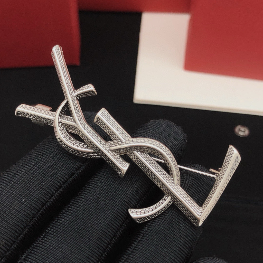 Saint Laurent Silver-Tone YSL Logo Brooch - image 4