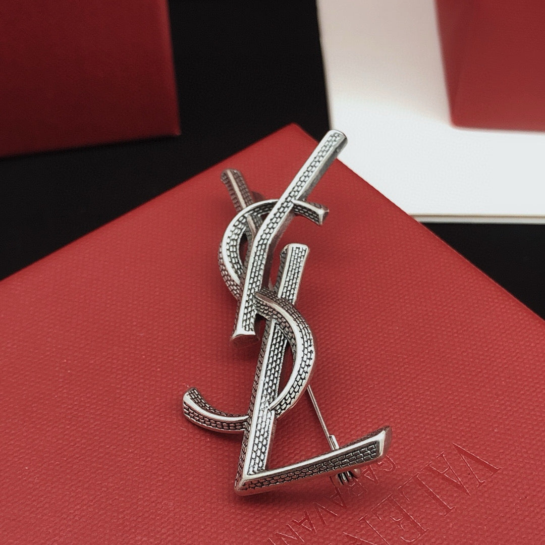 Saint Laurent Silver-Tone YSL Logo Brooch - image 7