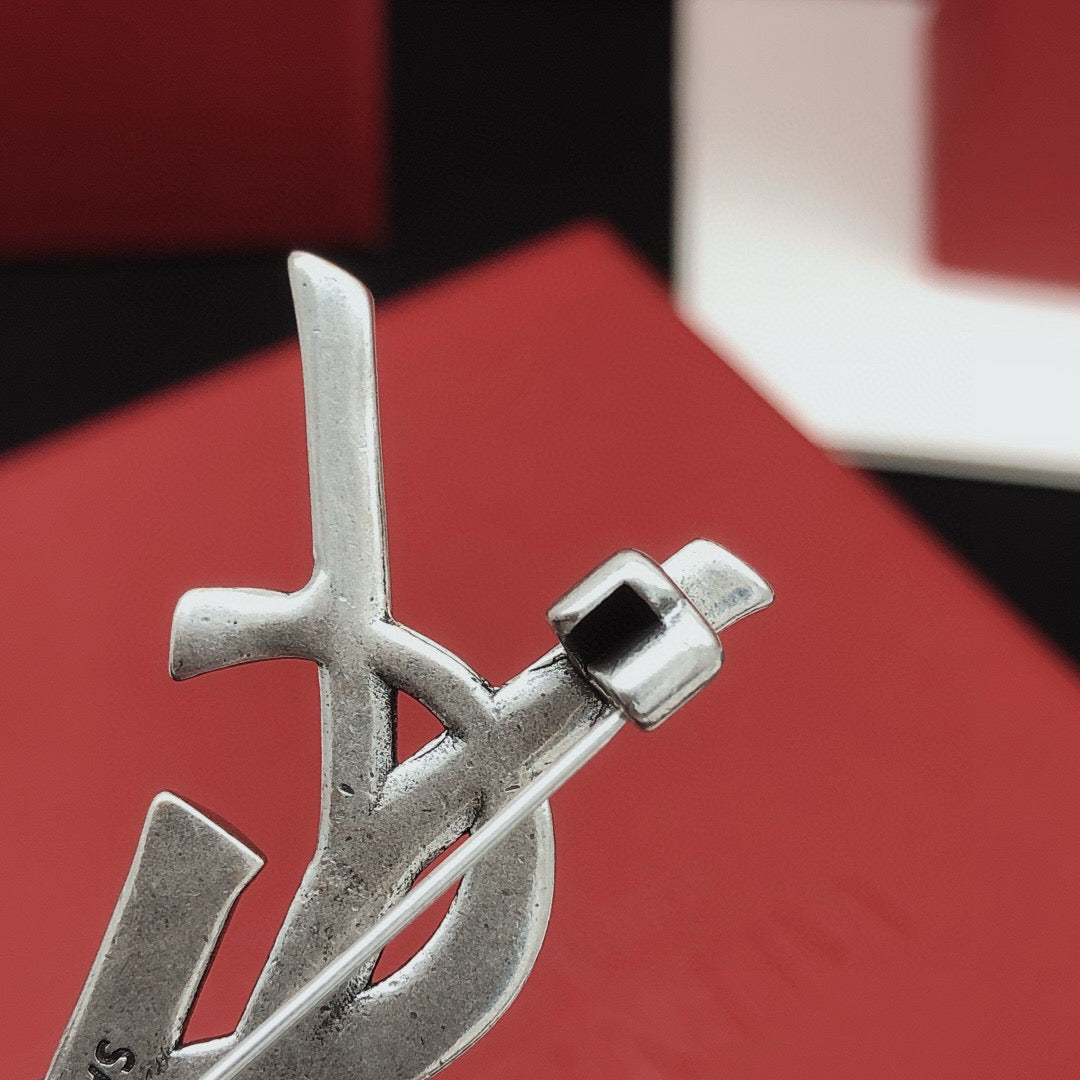 Saint Laurent Silver-Tone YSL Logo Brooch - image 6