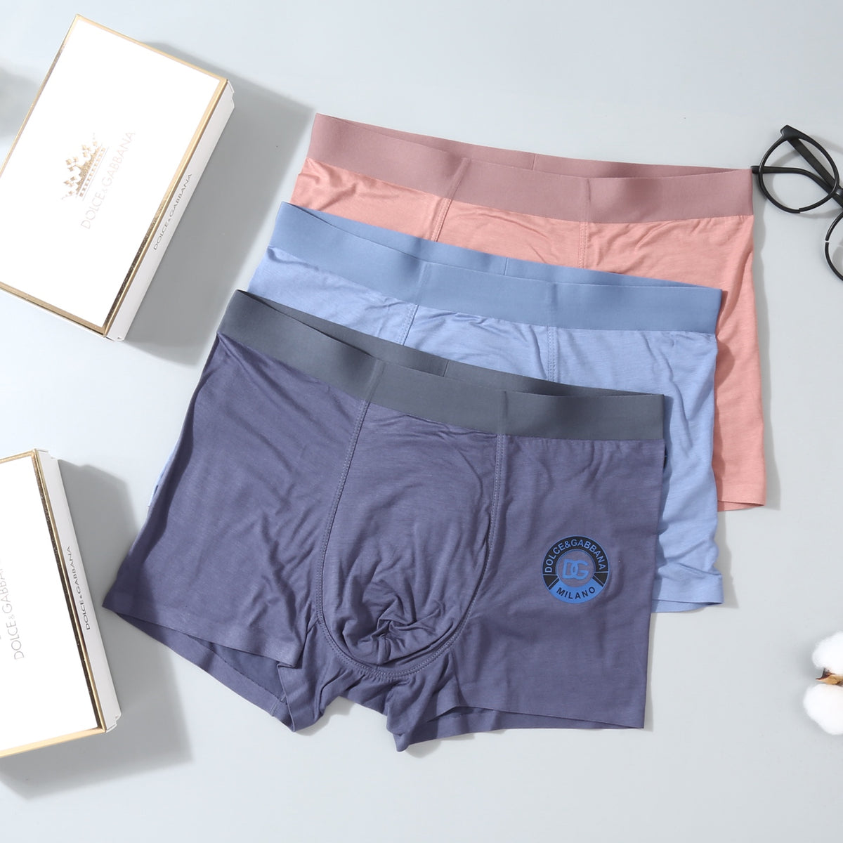 Dolce & Gabbana Pink Grey Blue Round Leg Emblem Boxer Briefs, image 3