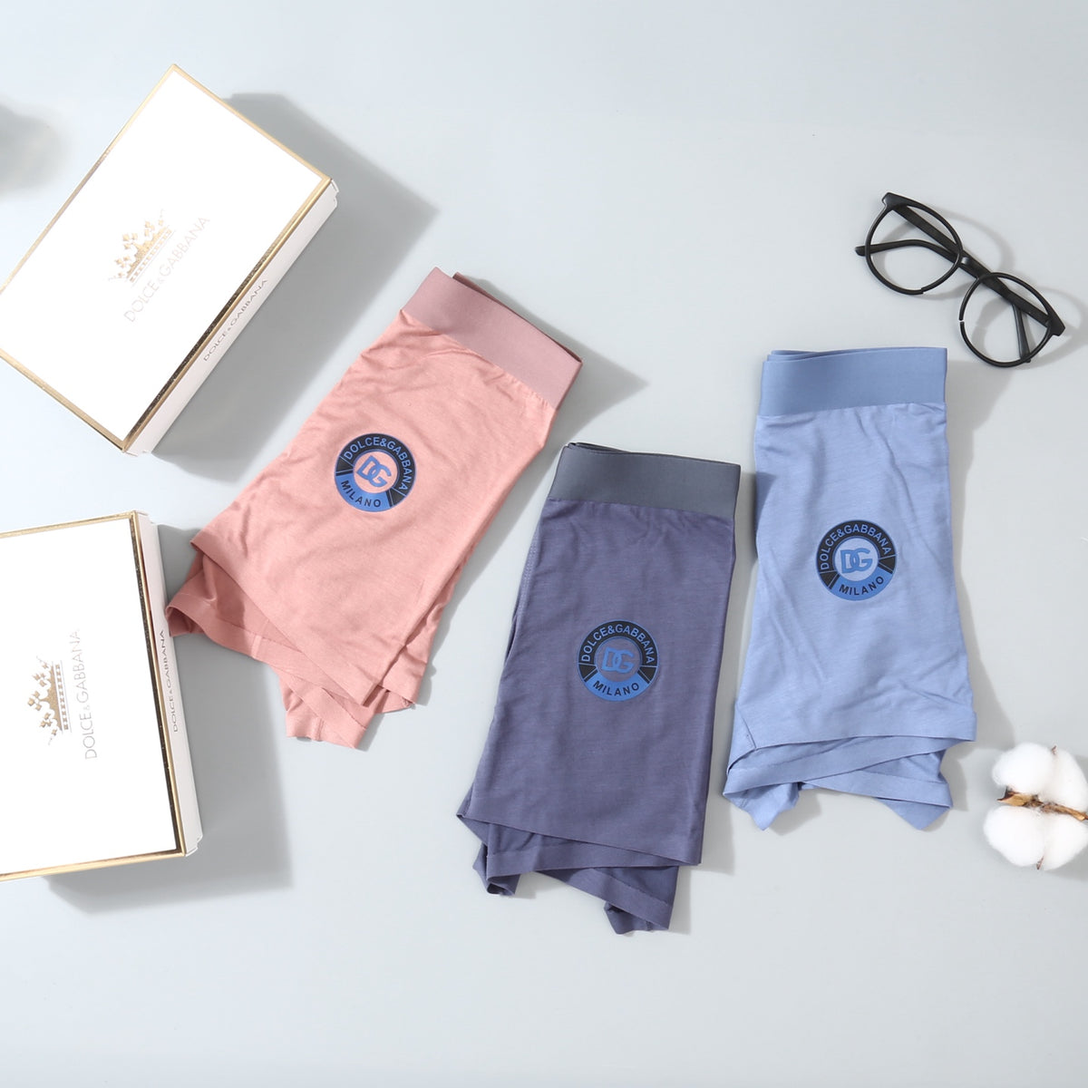 Dolce & Gabbana Pink Grey Blue Round Leg Emblem Boxer Briefs, image 6