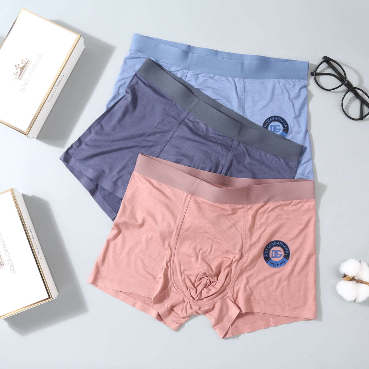 Dolce & Gabbana Pink Grey Blue Round Leg Emblem Boxer Briefs, image 1