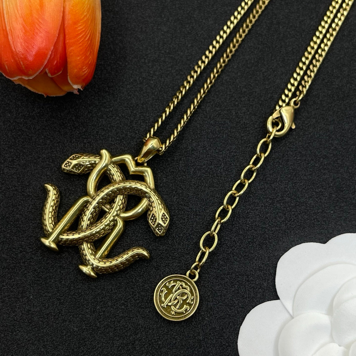 Roberto Cavalli RC monogram pendant necklace in Antique Gold Tone, detail view 4