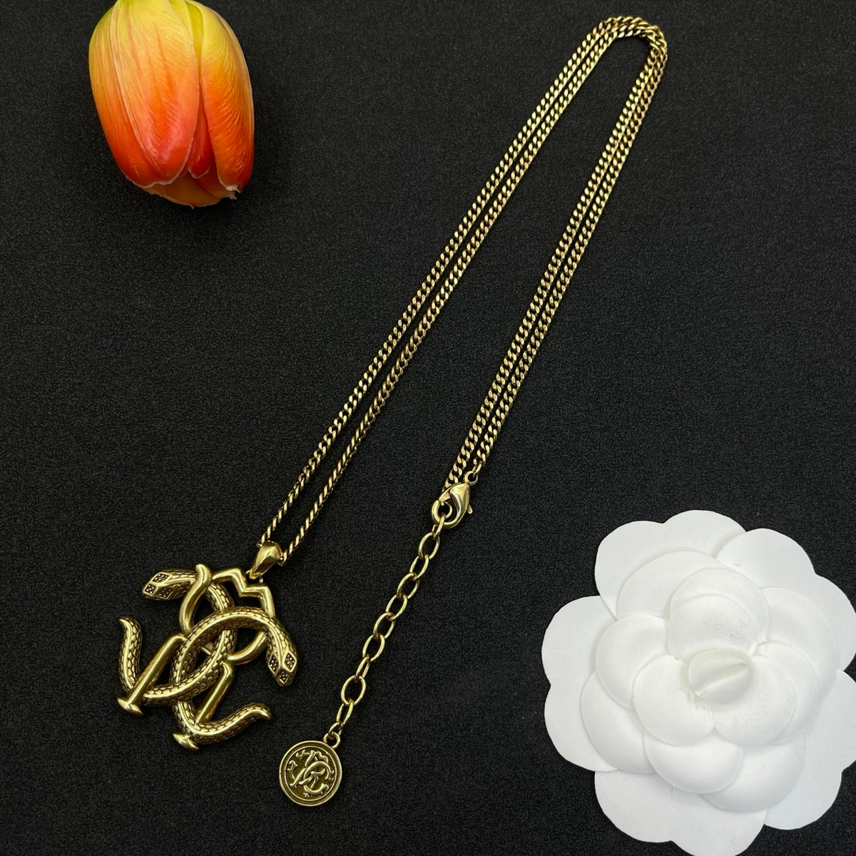 Roberto Cavalli RC monogram pendant necklace in Antique Gold Tone, detail view 3