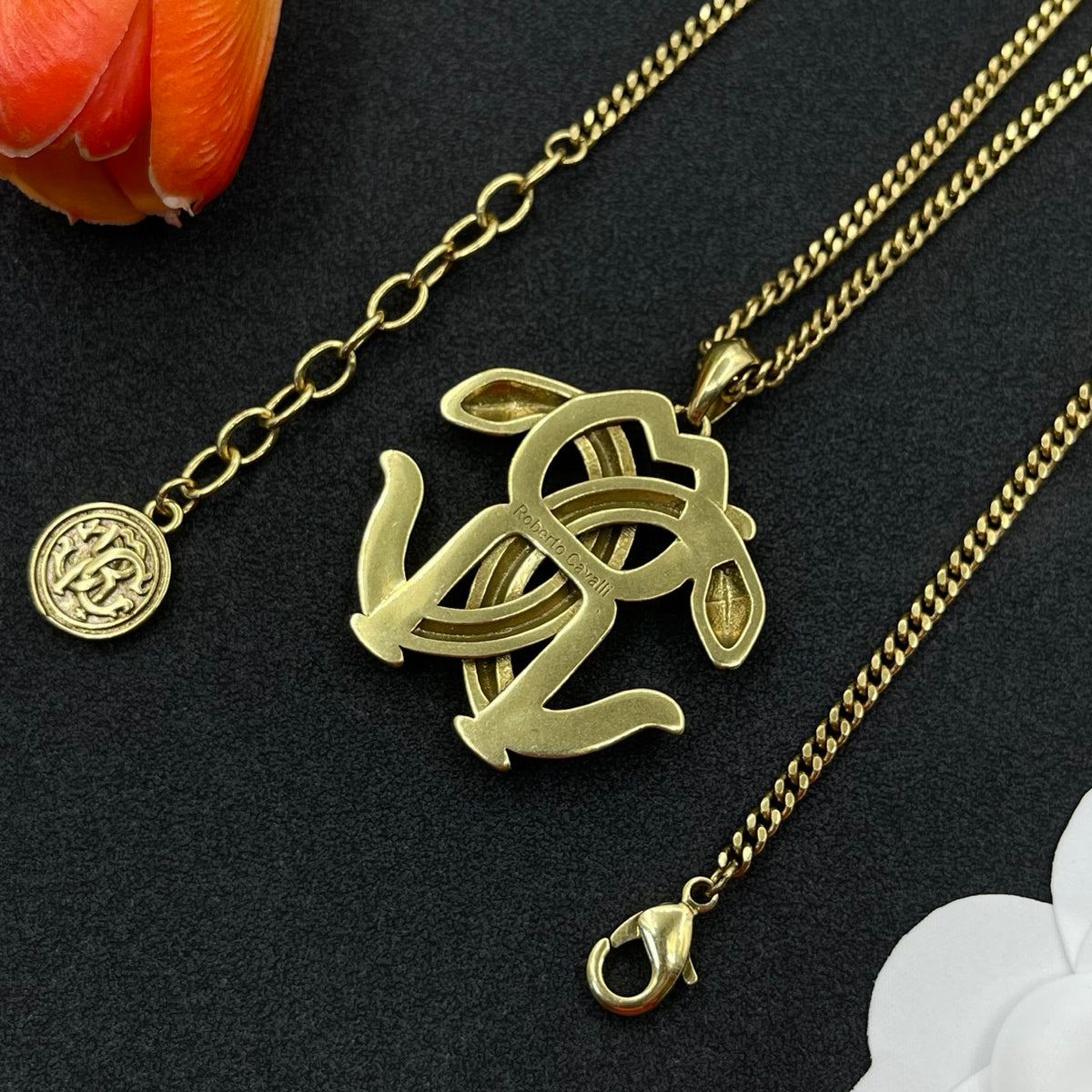 Roberto Cavalli RC monogram pendant necklace in Antique Gold Tone, detail view 7