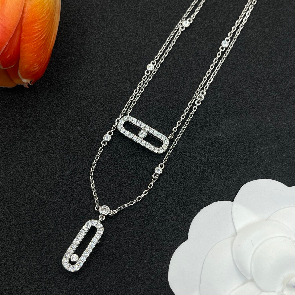 Messika Double Rectangular Pendant necklace in Silver Tone, detail view 3
