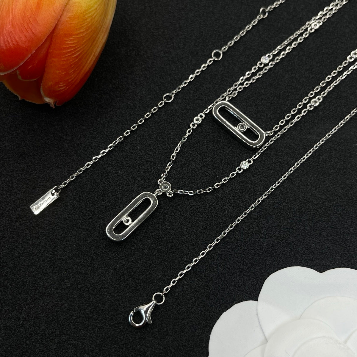 Messika Double Rectangular Pendant necklace in Silver Tone, detail view 7