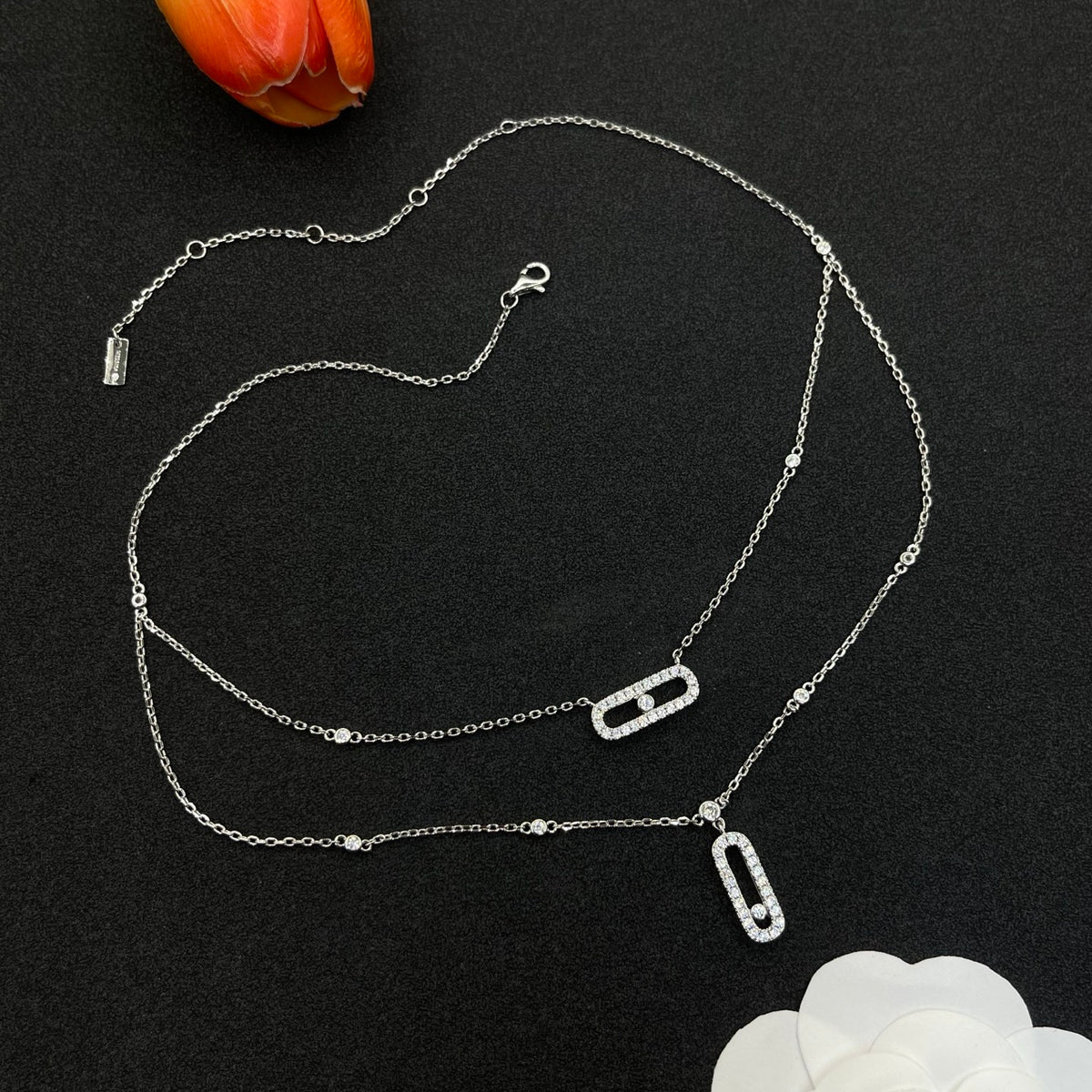 Messika Double Rectangular Pendant necklace in Silver Tone, detail view 5