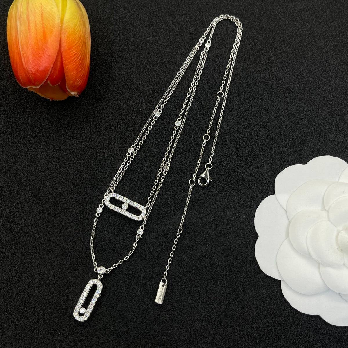 Messika Double Rectangular Pendant necklace in Silver Tone, detail view 4