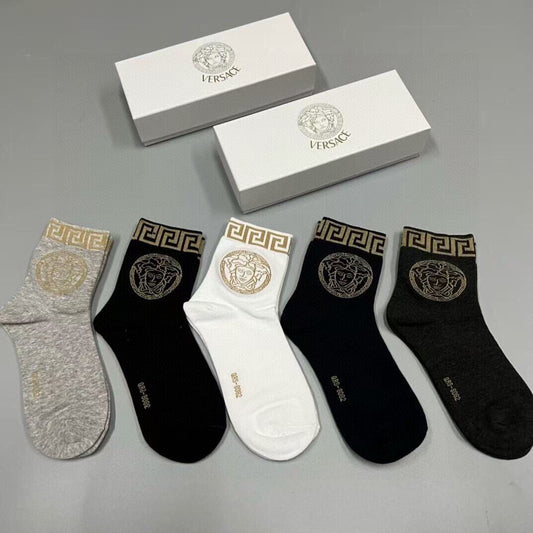 Versace Black White Cream Gold Key Cuffs Crew Socks, image 1