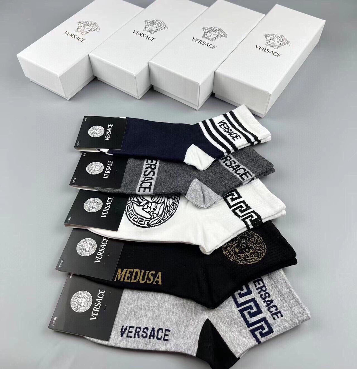 Versace Black White Grey Ornamental Mix Crew Socks, image 17