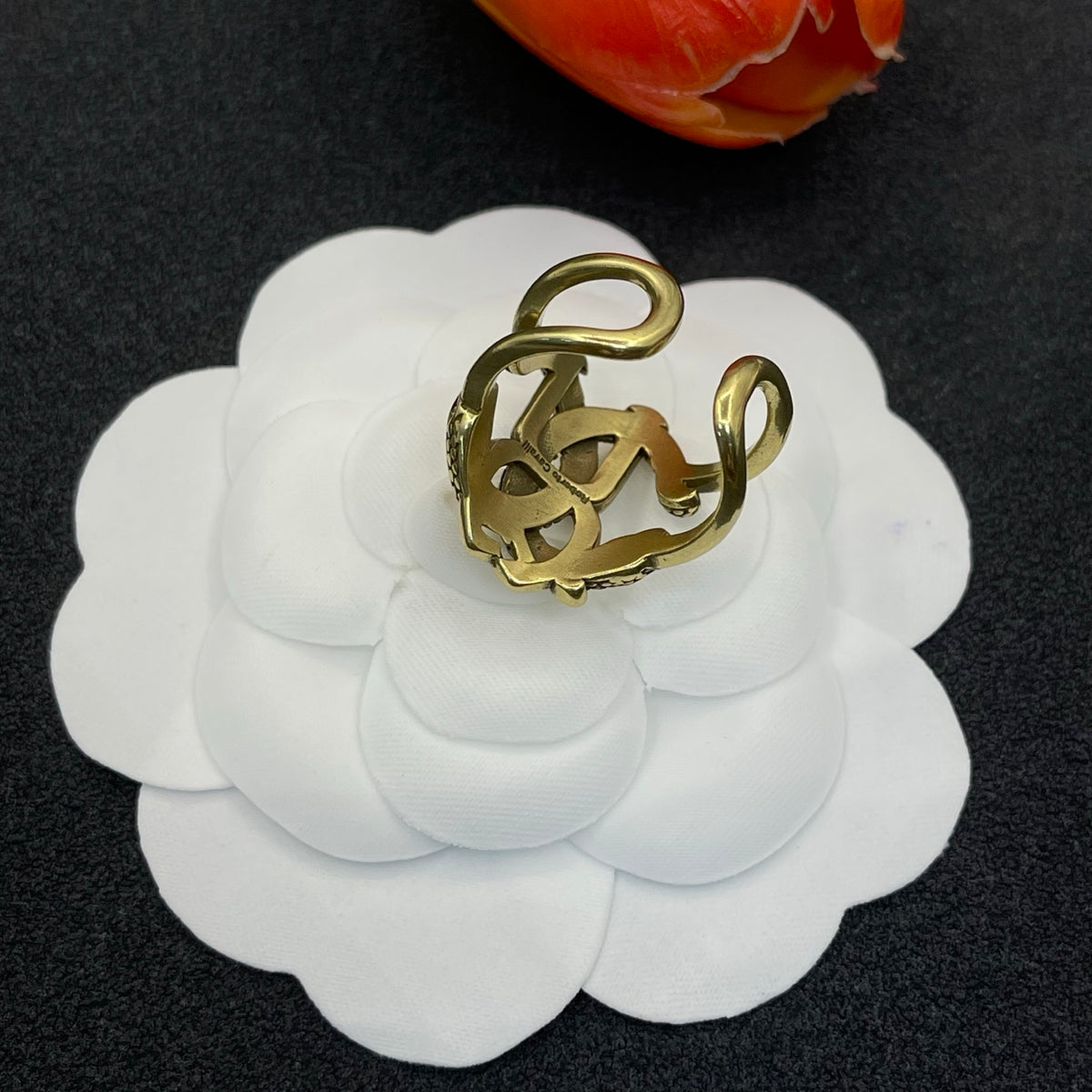 Roberto Cavalli sculpted RC monogram ring in Antique Gold Tone, detail view 5
