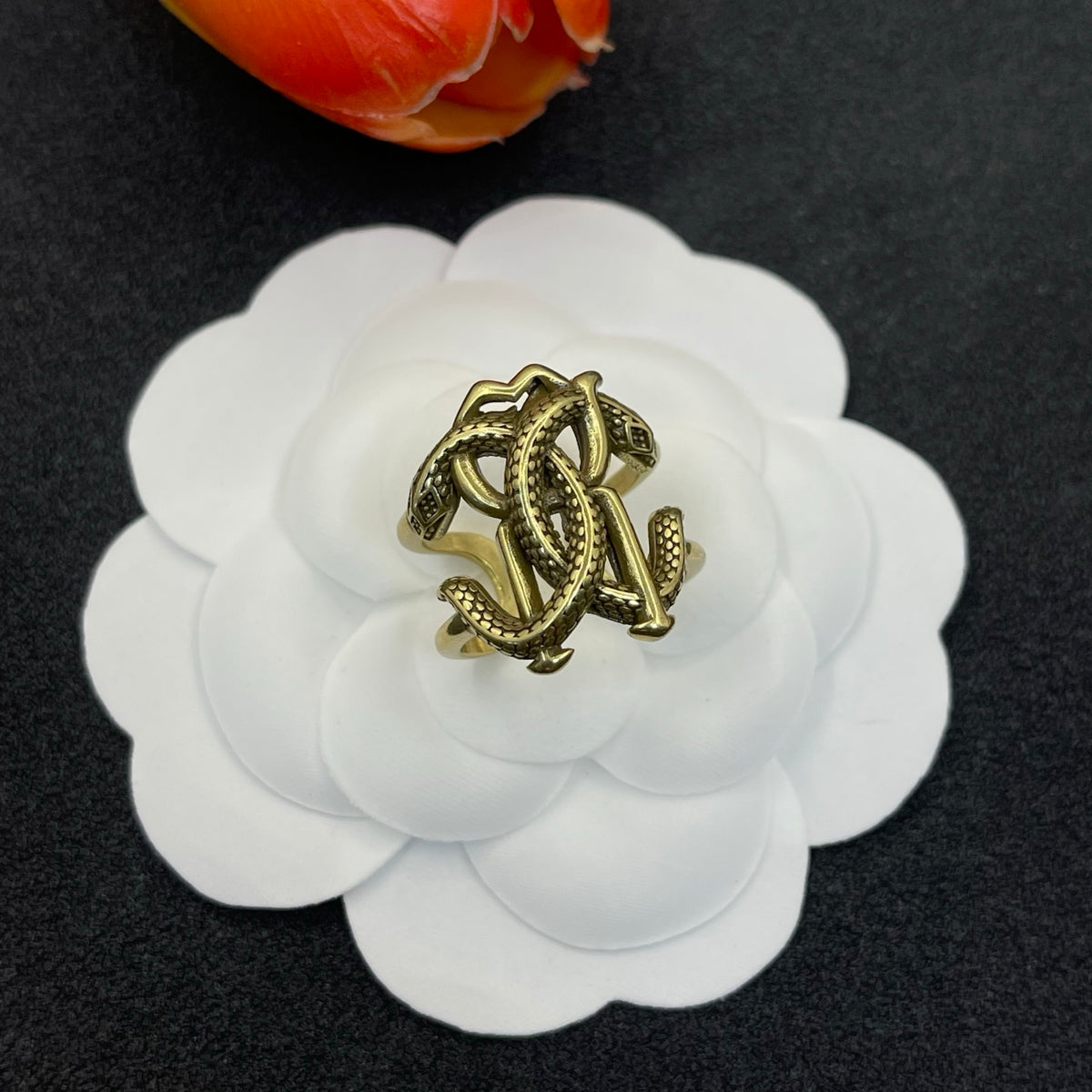Roberto Cavalli sculpted RC monogram ring in Antique Gold Tone, main view
