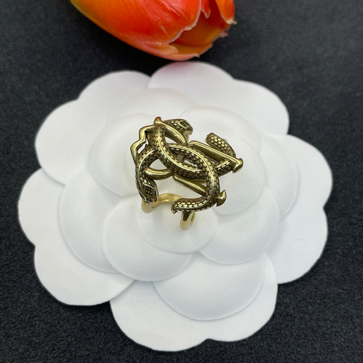 Roberto Cavalli sculpted RC monogram ring in Antique Gold Tone, detail view 3