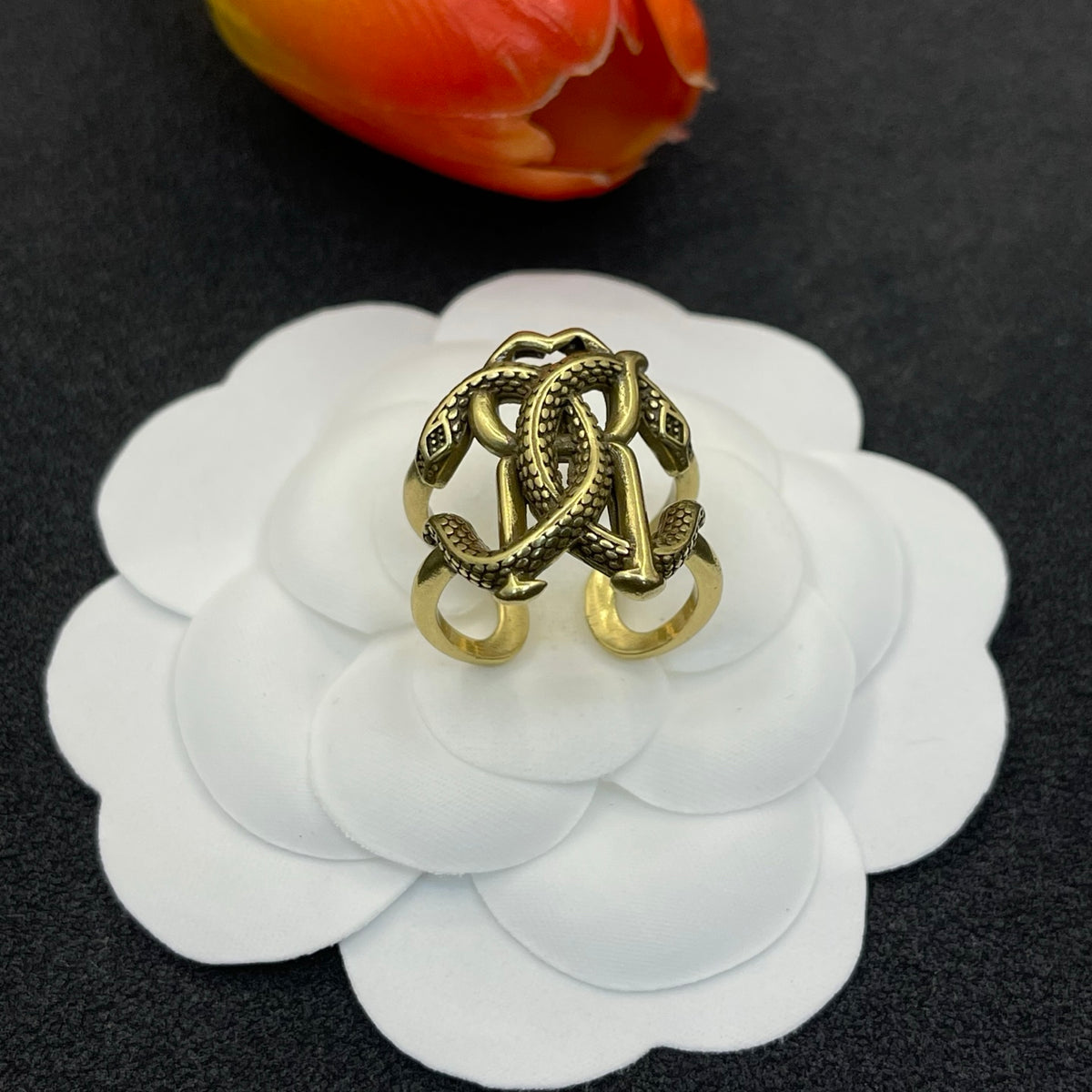 Roberto Cavalli sculpted RC monogram ring in Antique Gold Tone, detail view 2