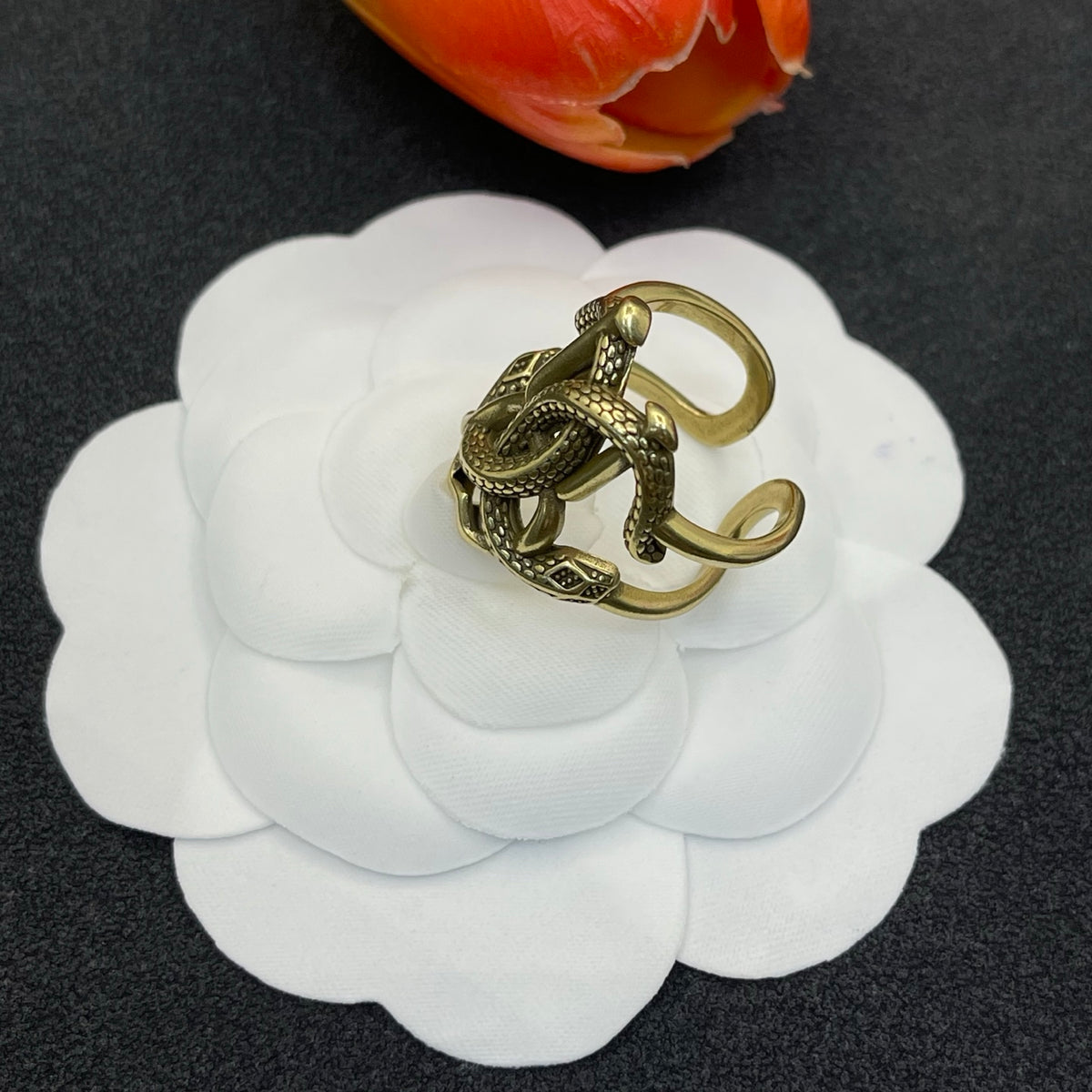 Roberto Cavalli sculpted RC monogram ring in Antique Gold Tone, detail view 4