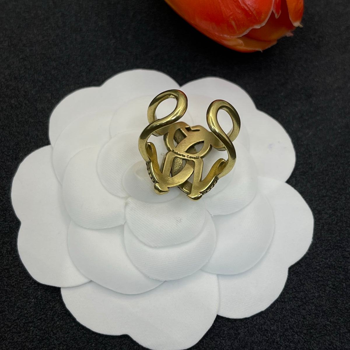 Roberto Cavalli sculpted RC monogram ring in Antique Gold Tone, detail view 6